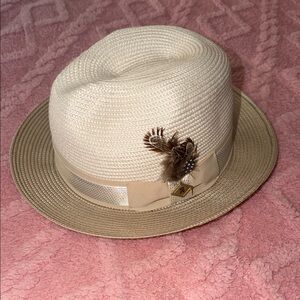 Stacy Adams Cream and Tan Straw Fedora with Feather Trim
